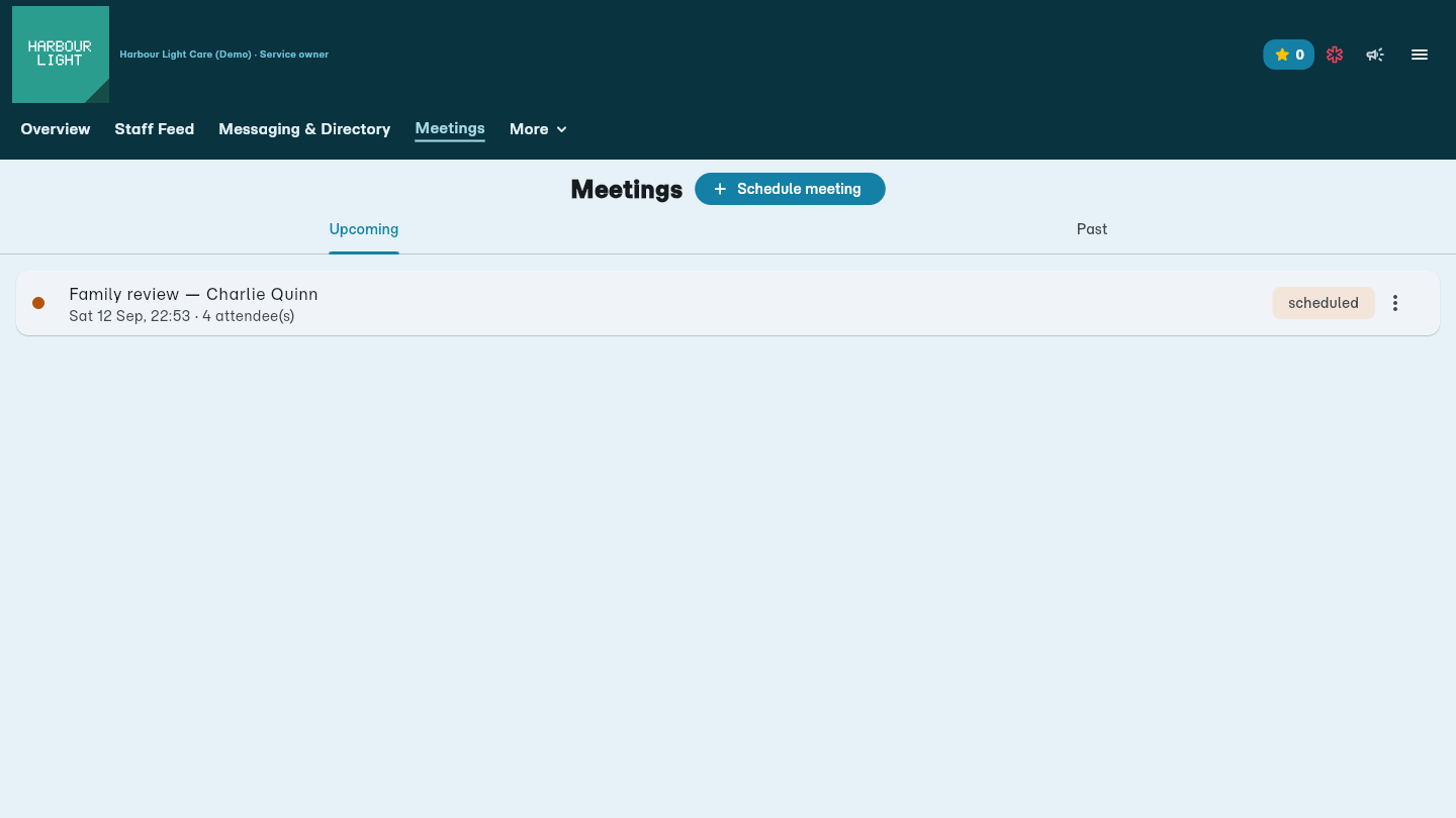 Meetings, with a scheduled family review for Charlie Quinn