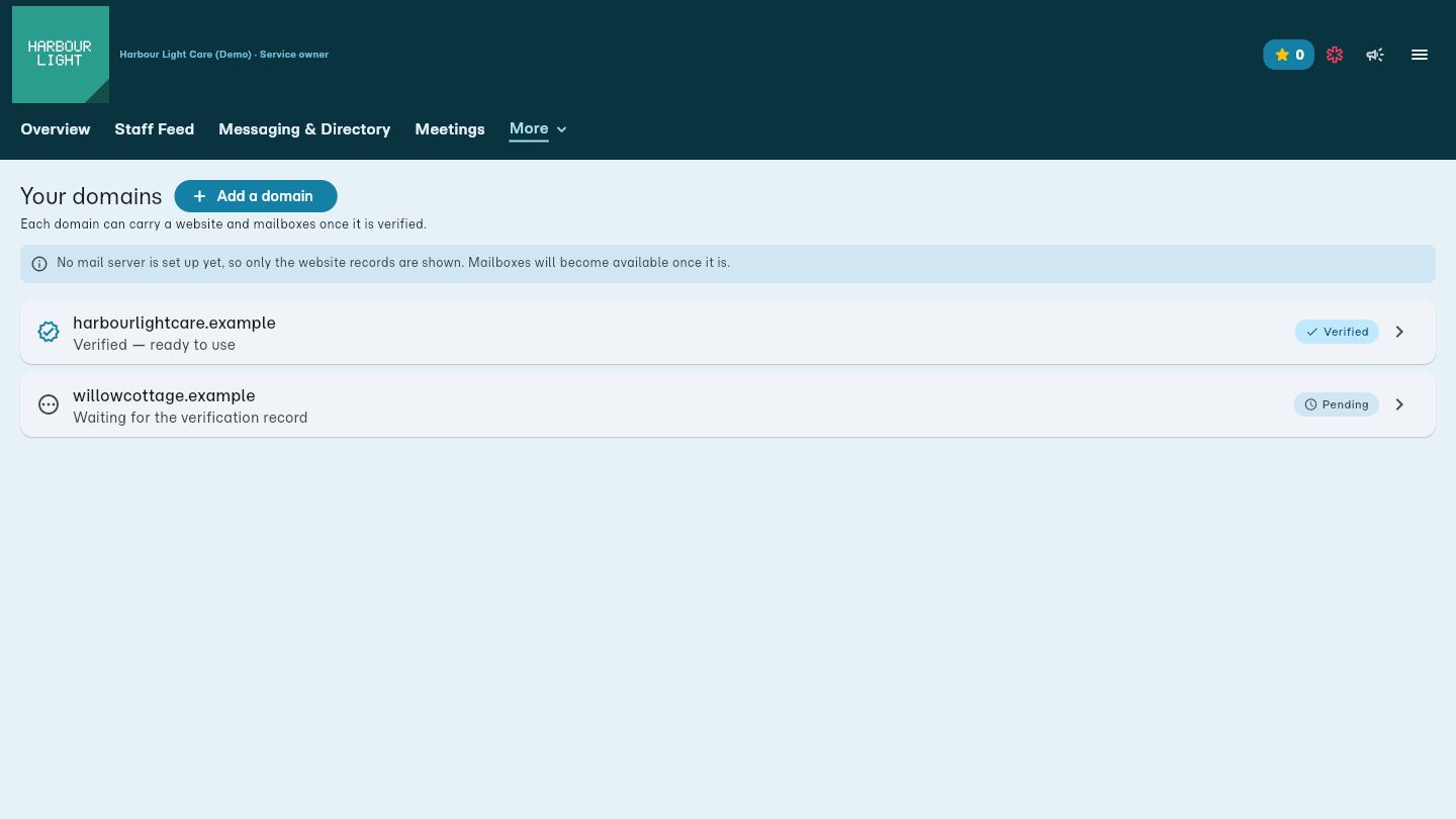 Your domains, one verified and one waiting for its record