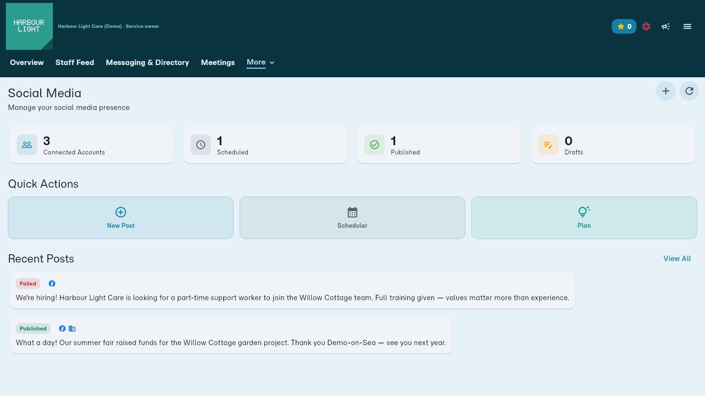 The social media dashboard, with connected accounts, a scheduled post and recent posts