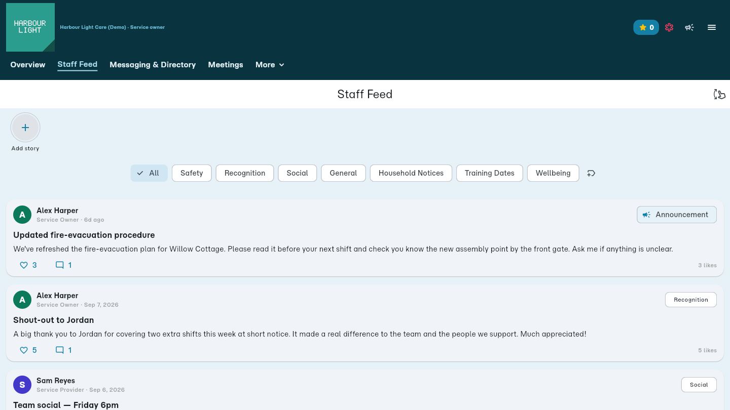 The staff feed, with a fire-evacuation announcement, a shout-out and a team social