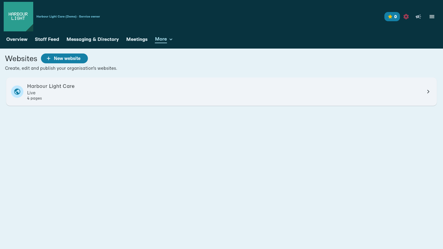 Websites, showing the Harbour Light Care site live with four pages