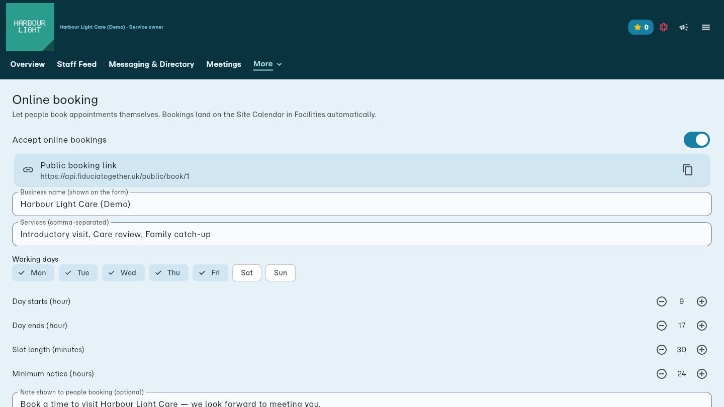Online booking settings, with a public booking link, services, working days and slot length